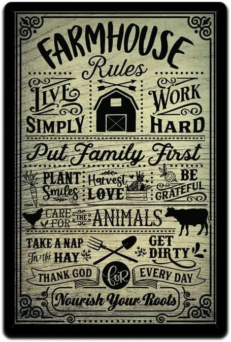 1p,Farm House Rules  Metal Sign Barn Western Farmhouse Décor Country Home Kitchen Bedroom Cabin Boho Indoor Outdoor Entryway Kit