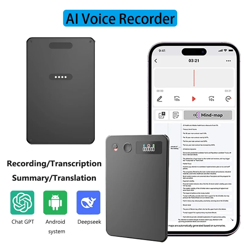 

AI ChatGPT-4 Диктофон с шумоподавлением 8-128 ГБ Инструмент для транскрипции в реальном времени Перевод Совместное устройство Аудио Диктофон