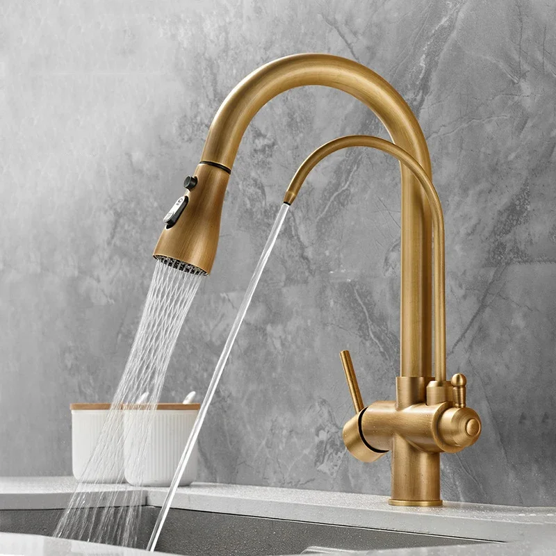 Antique Drinking Filtered Water Kitchen Faucet Purification Tap Dual Handles Faucet Kitchen Sink Tap Hot and Cold Water Mixers