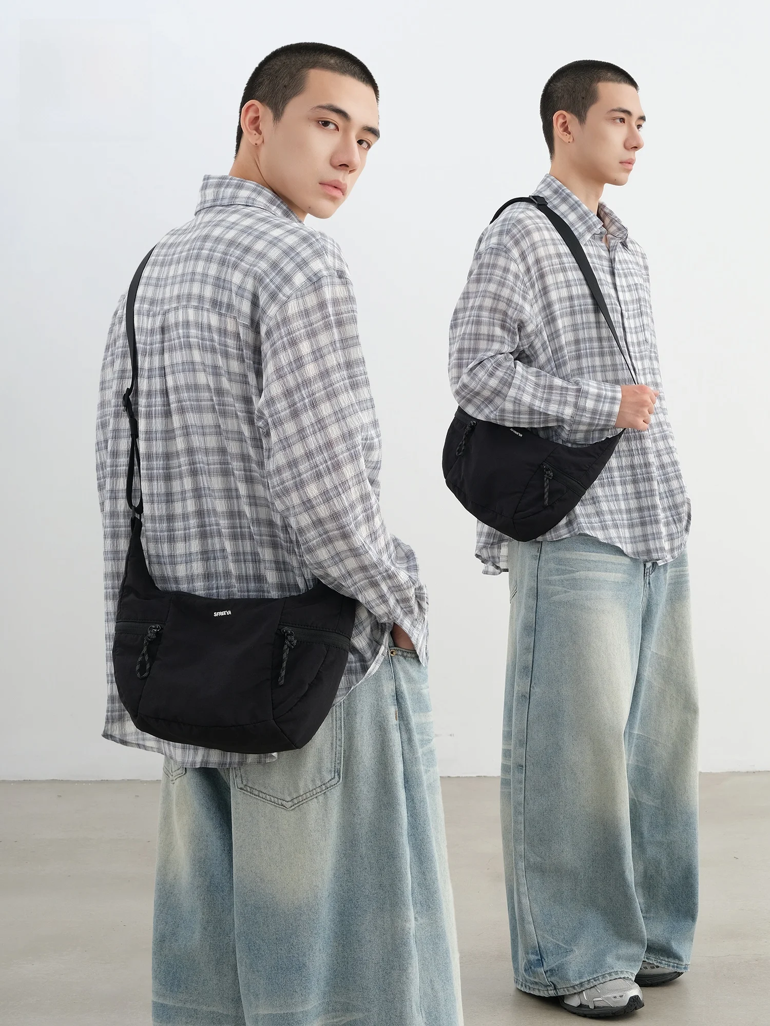 Casual Sport Crossbody Bag Men's Dumpling Bag Loose Street Backpack Nylon Fabric Single Strap Pure Color for Young Leisure