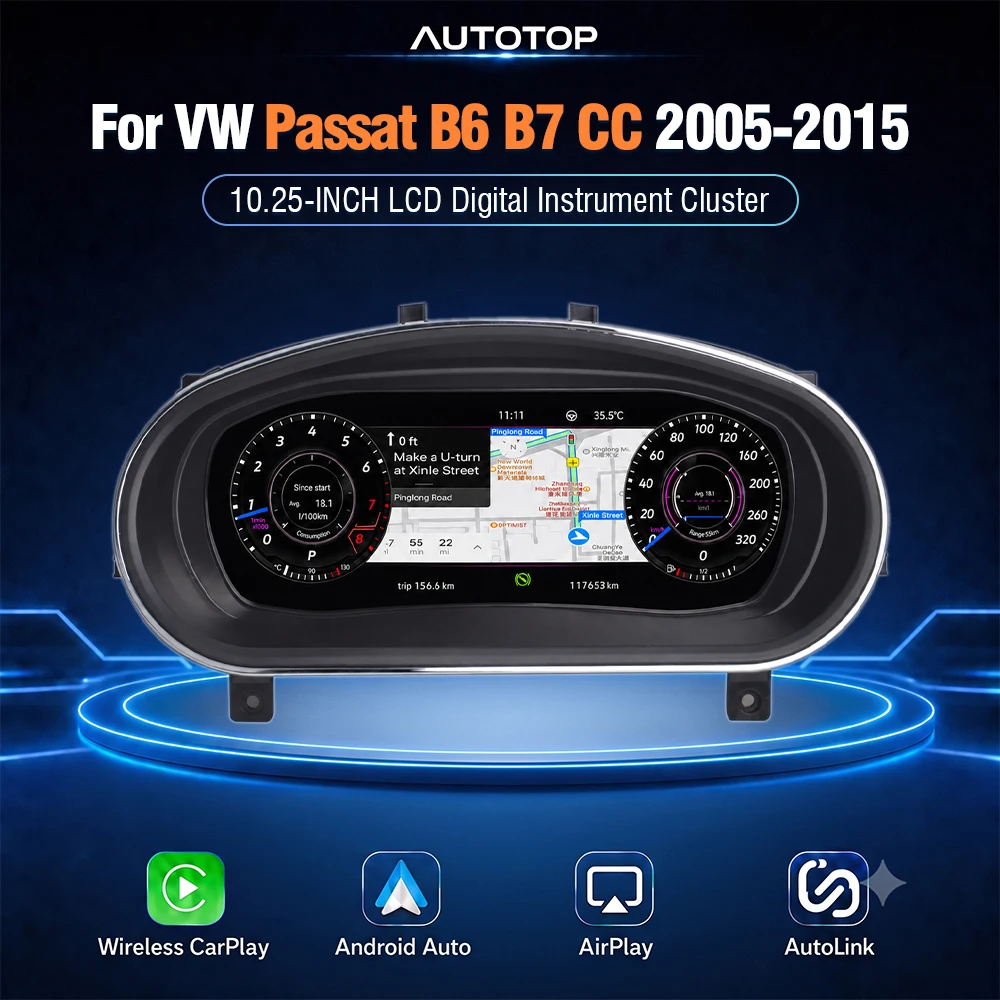 AUTOTOP 10,25 Zoll Digitales Armaturenbrett Tachometer für Volkswagen VW Passat B6 B7 CC 2005-2015, LCD Virtuelles Cockpit Instrumentencluster-Upgrade, Kabelloses CarPlay Android Auto AirPlay