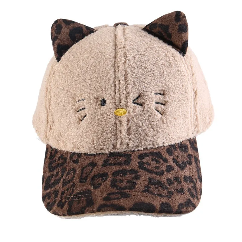 Korean Leopard Print Ear Baseball Cap Cute Kitten Embroidered Face Enhancing Small Duckbill Hat Coldproof Warm Sunshade Cap