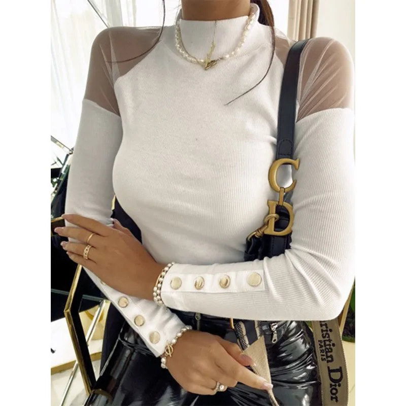 High Neck Button Set Perspective Mesh Spliced Knit Shirt for Women New Autumn Women's Fashion Elegant Long Sleeve Top