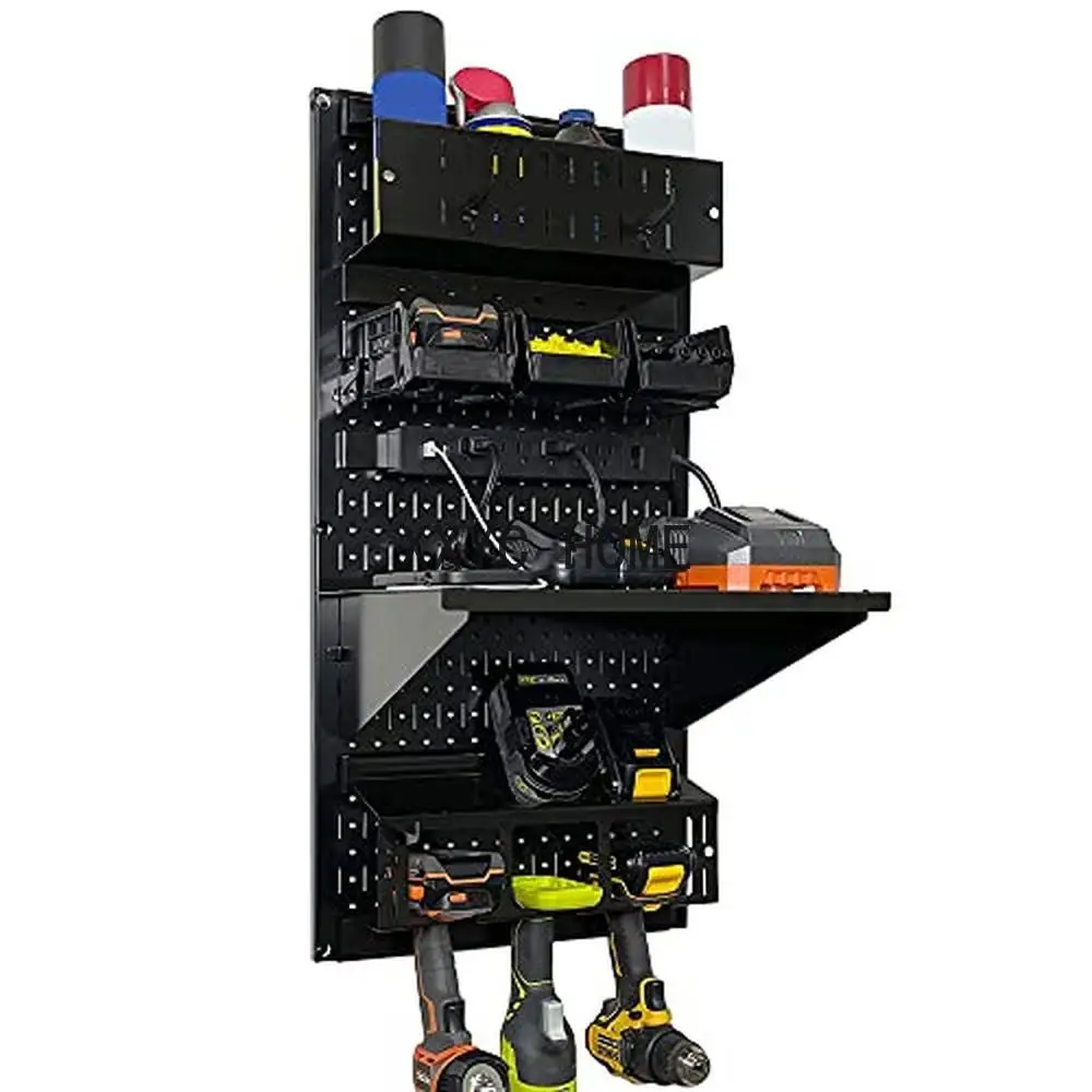 

Power Tool Storage Organizer Kit Cordless Drill Holder Charging Station Metal Pegboard Black 32"x16" Wall Mounted Rack System