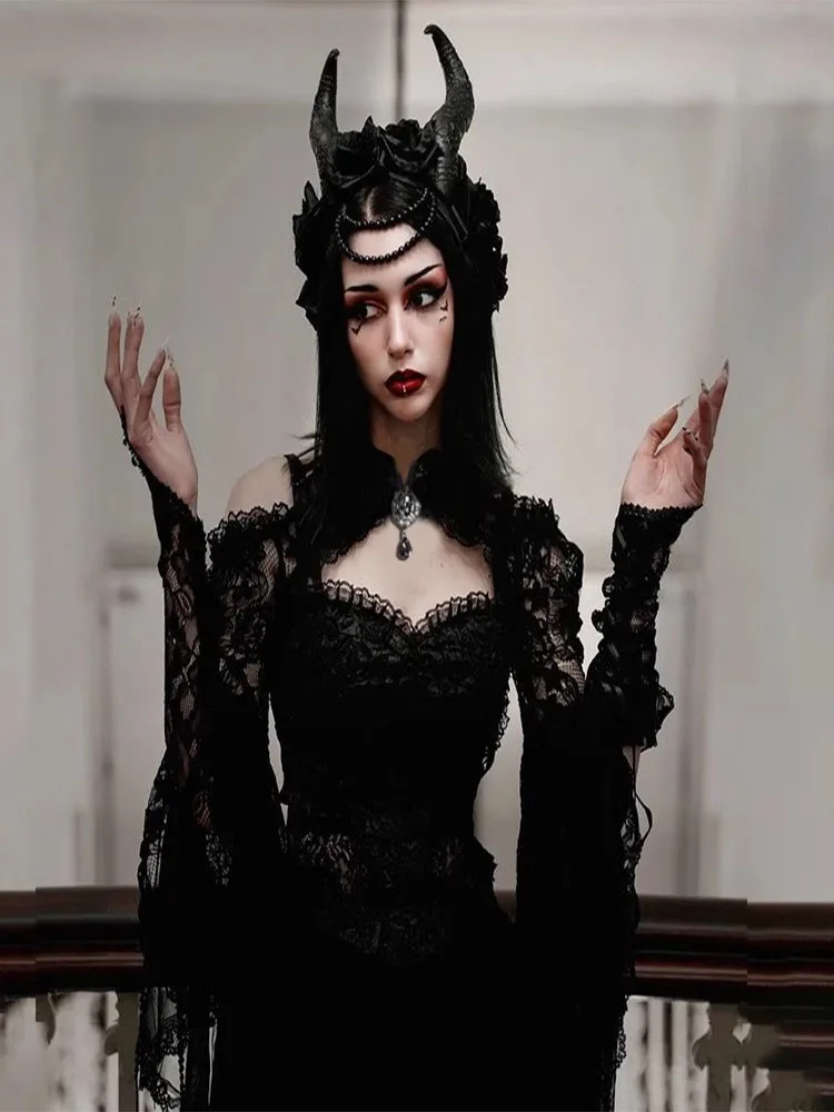 Capispalla cardigan aperto in pizzo gotico Sle Sve Design scavato Costume d'halloween da donna Avvolgente sexy scavato