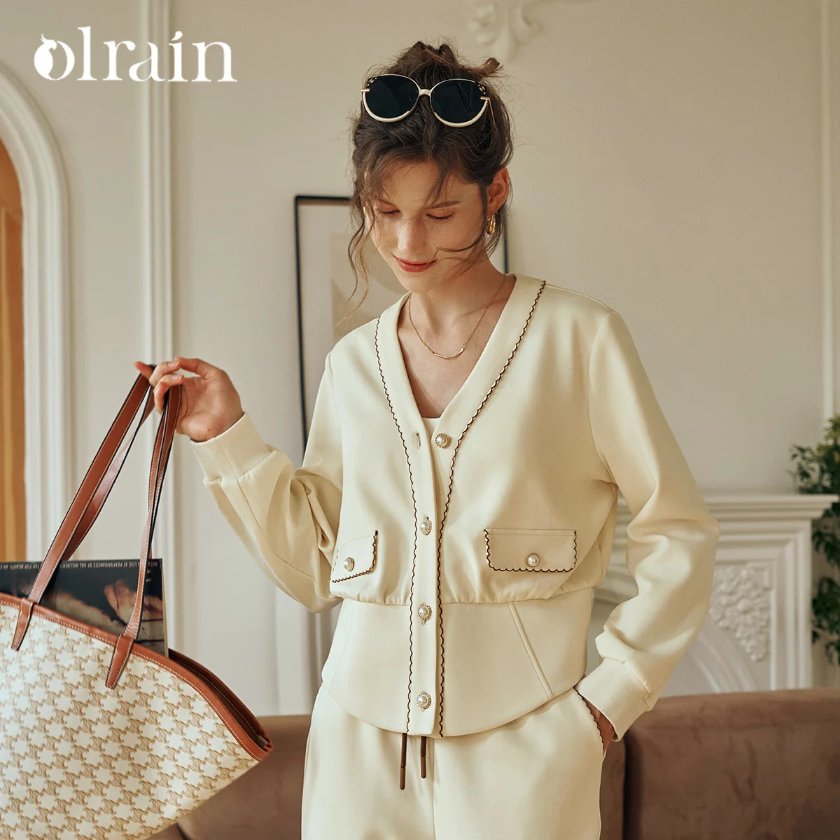 OLrain Korean Style Knit Sweatshirts Coat 2026 Spring Cotton Spliced Chic Button Puff Sleeve Elegant Loose Cardigan G23QW85602