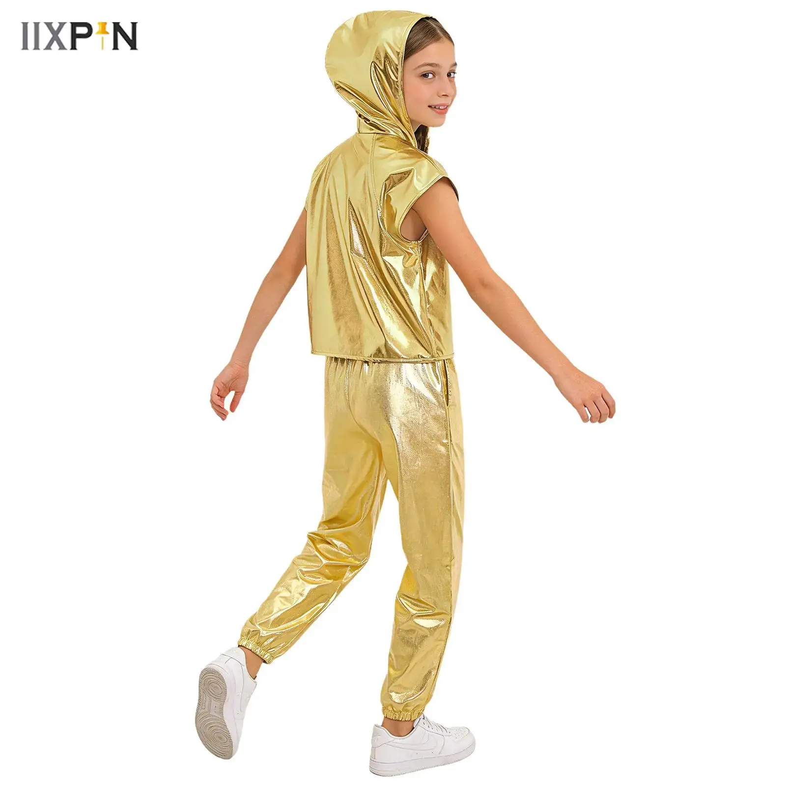 

Girls Jazz Hip Hop Dance Stage Performance Costume Outfits Shiny Metallic Hooded Vest Top And Pants Suit For Dancewear