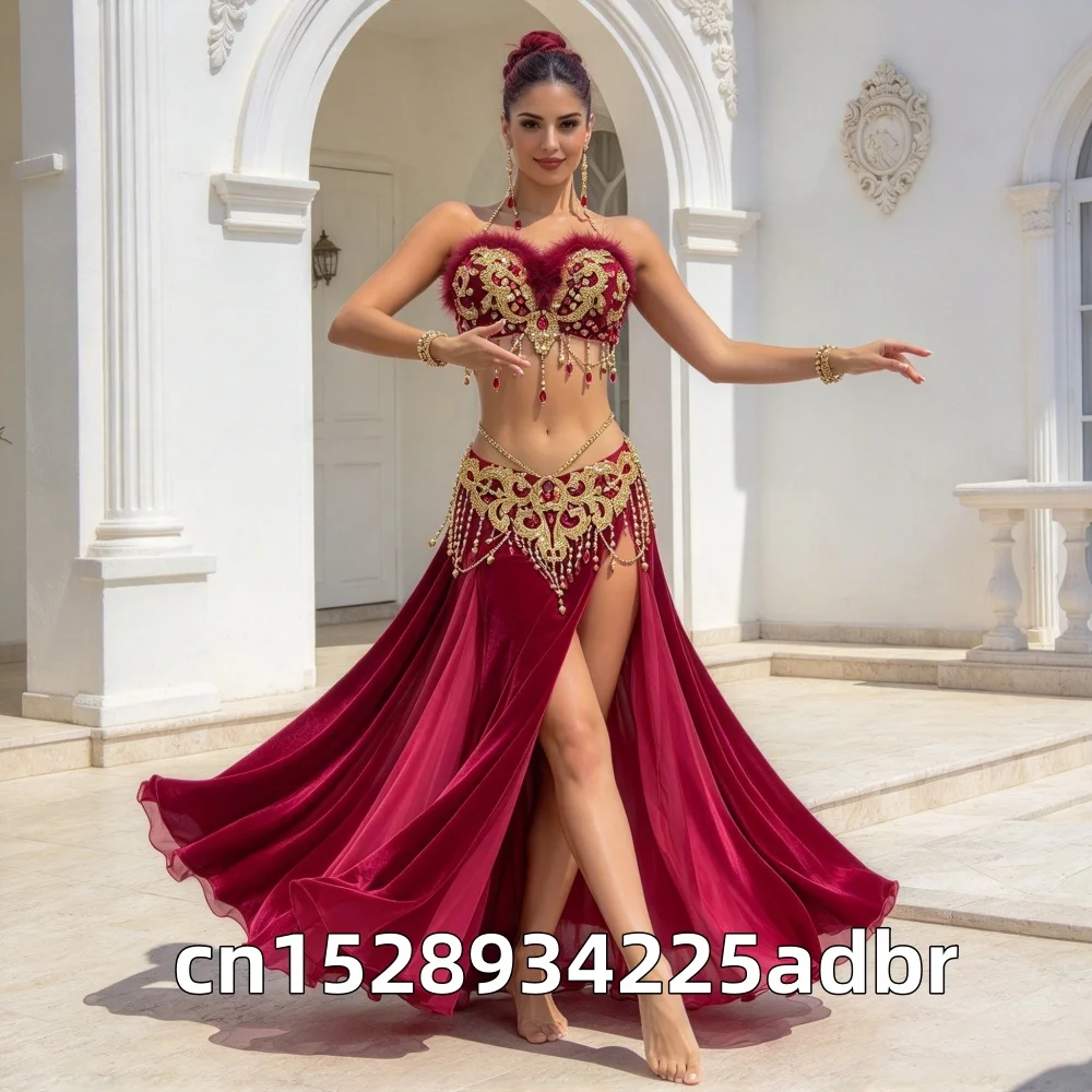Customized Red Bellydance Dress Indian Clothes Women Belly Dancing Bra and Skirt Set Oriental Dance Costume Group Stage Wear