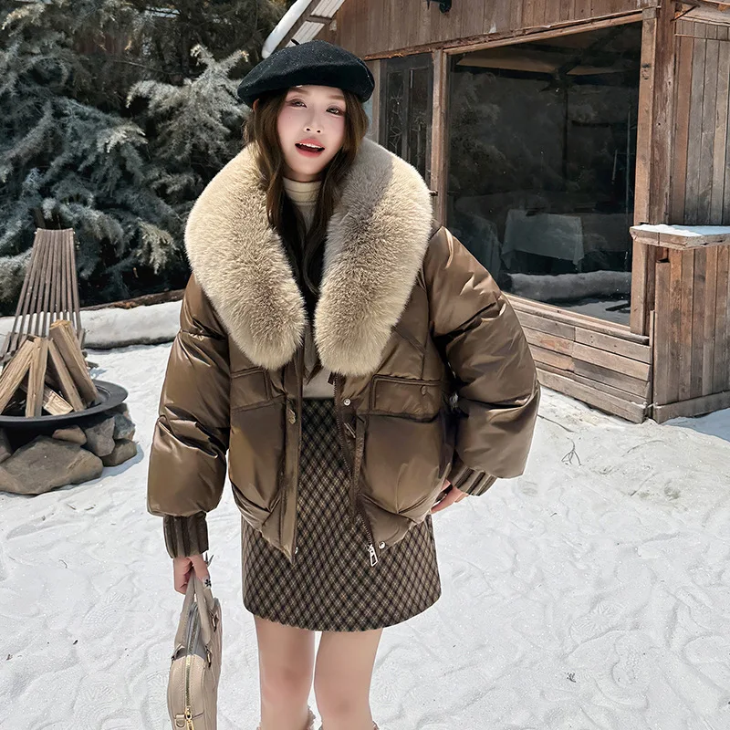 Chaqueta acolchada de algodón para mujer, abrigo de algodón con cuello de piel grande, Parka personalizada, ropa de calle, Chaqueta de algodón con capucha, invierno 2025