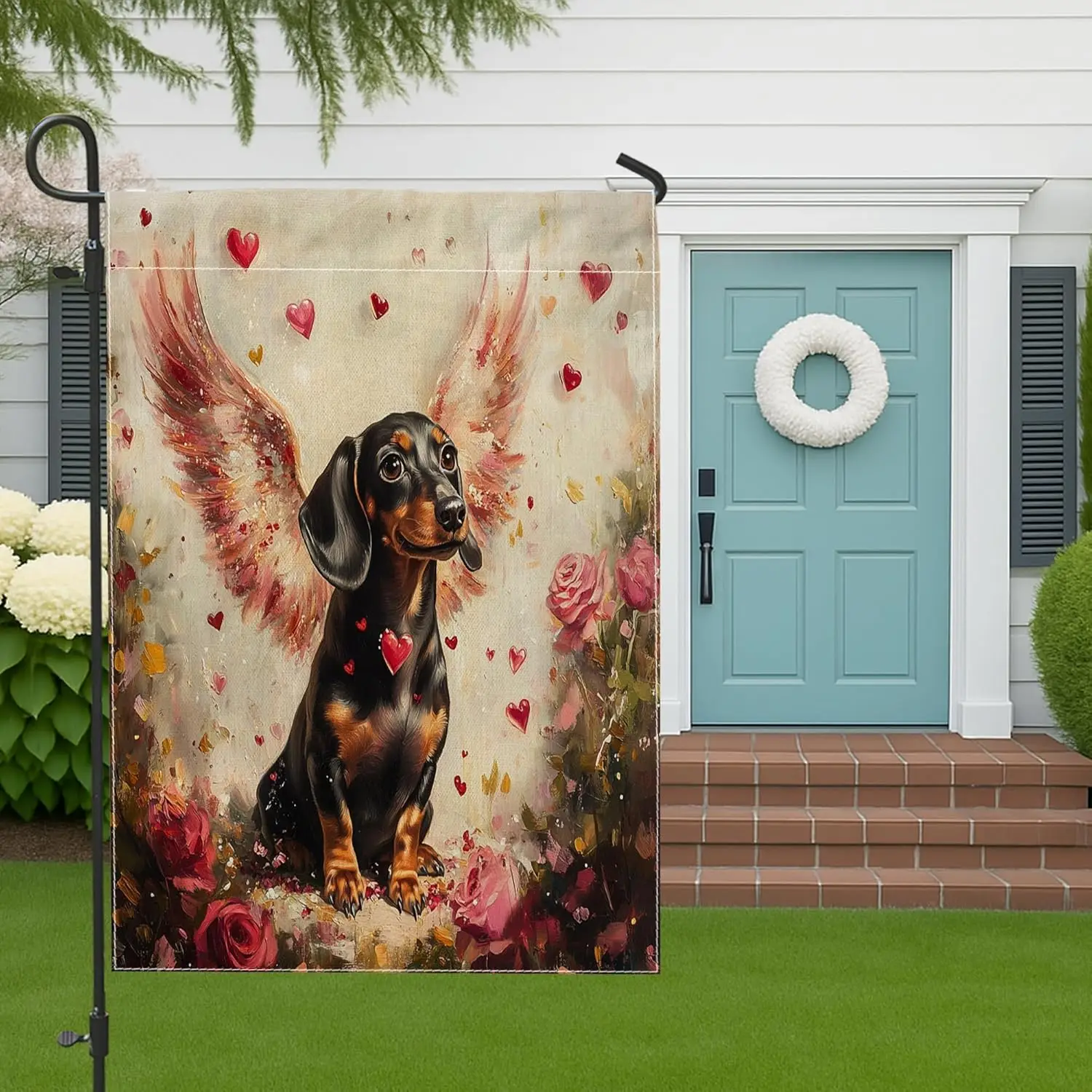 Dachshund Dog Front Yard Backyard Burlap Garden Flags 12x18 Double Sided for Outside, Valentine's Day Vintage Wing Patte ZZM