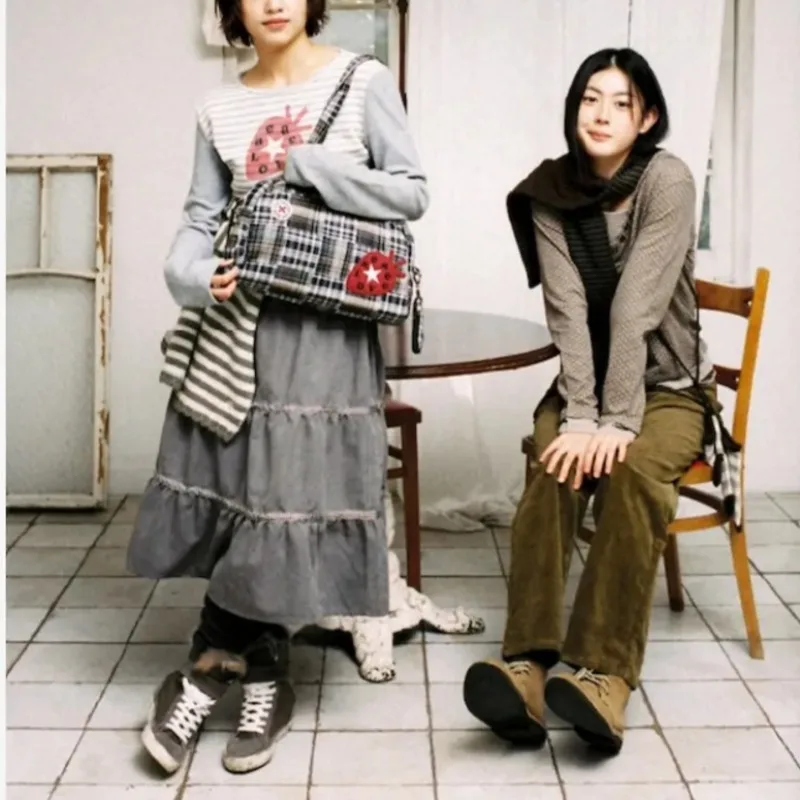 Streetwear Contrast Color Patchwork Loose A-line Skirt Women 2025 Autumn High Waist All-match Pleated Casual Mid-length Skirt