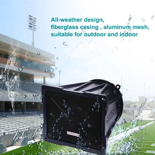 Sistem suara stadion dengan Speaker klakson luar ruangan dan speaker Line array untuk acara sekolah