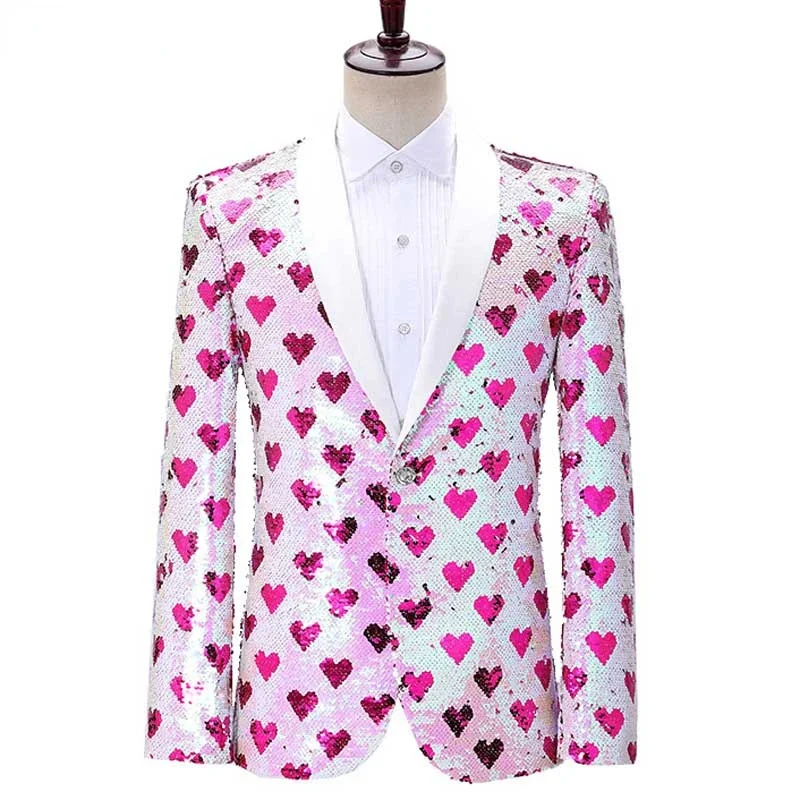 

Heart Stylish Print Sequin Tuxedo Blazer Men One Button Shawl Lapel Mens Party Suit Jacket Wedding Groom Stage Singer Costume