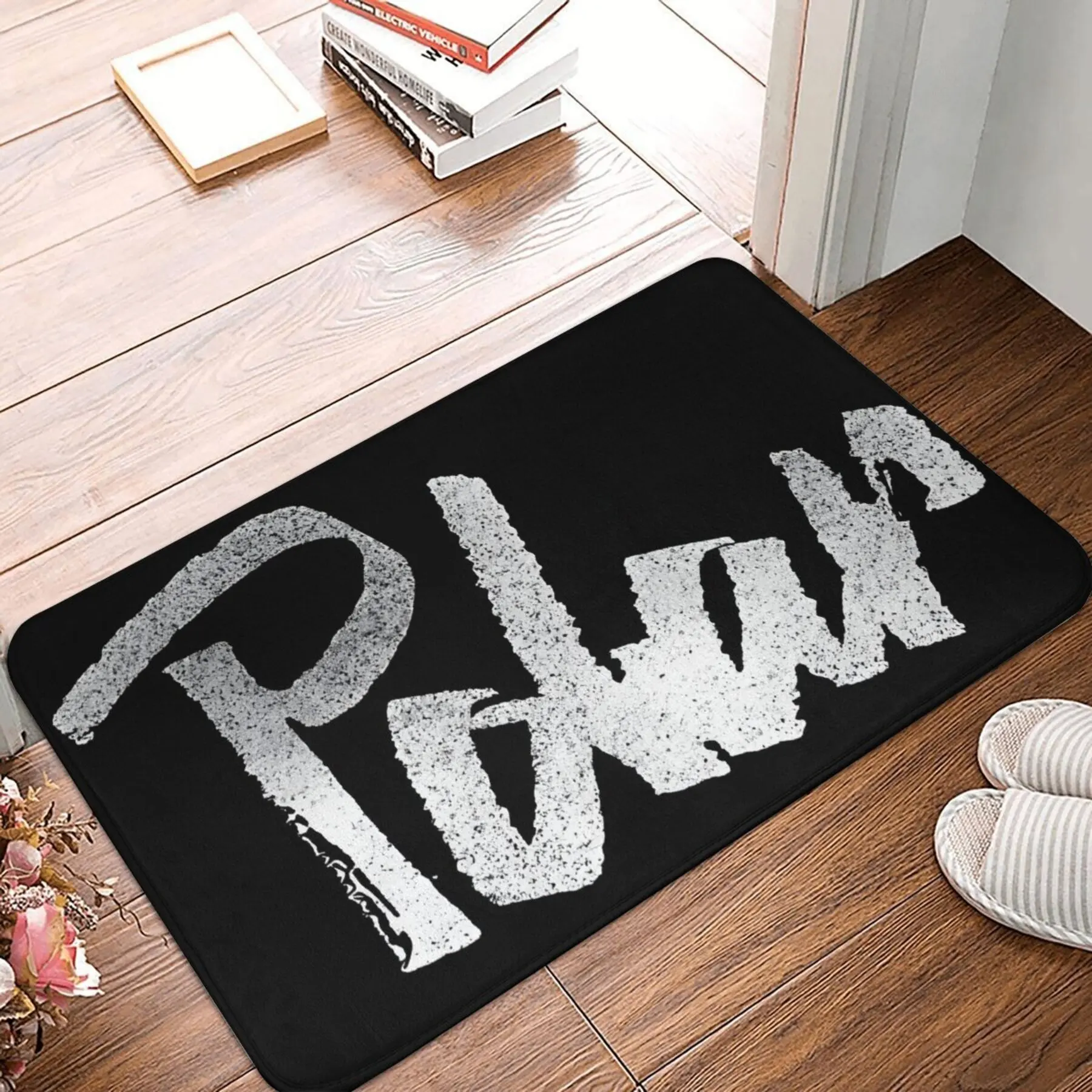 Abstract Text Graphic Doormat – White Distressed Lettering on Black Base, 50×75 cm Decorative Indoor Floor Mat