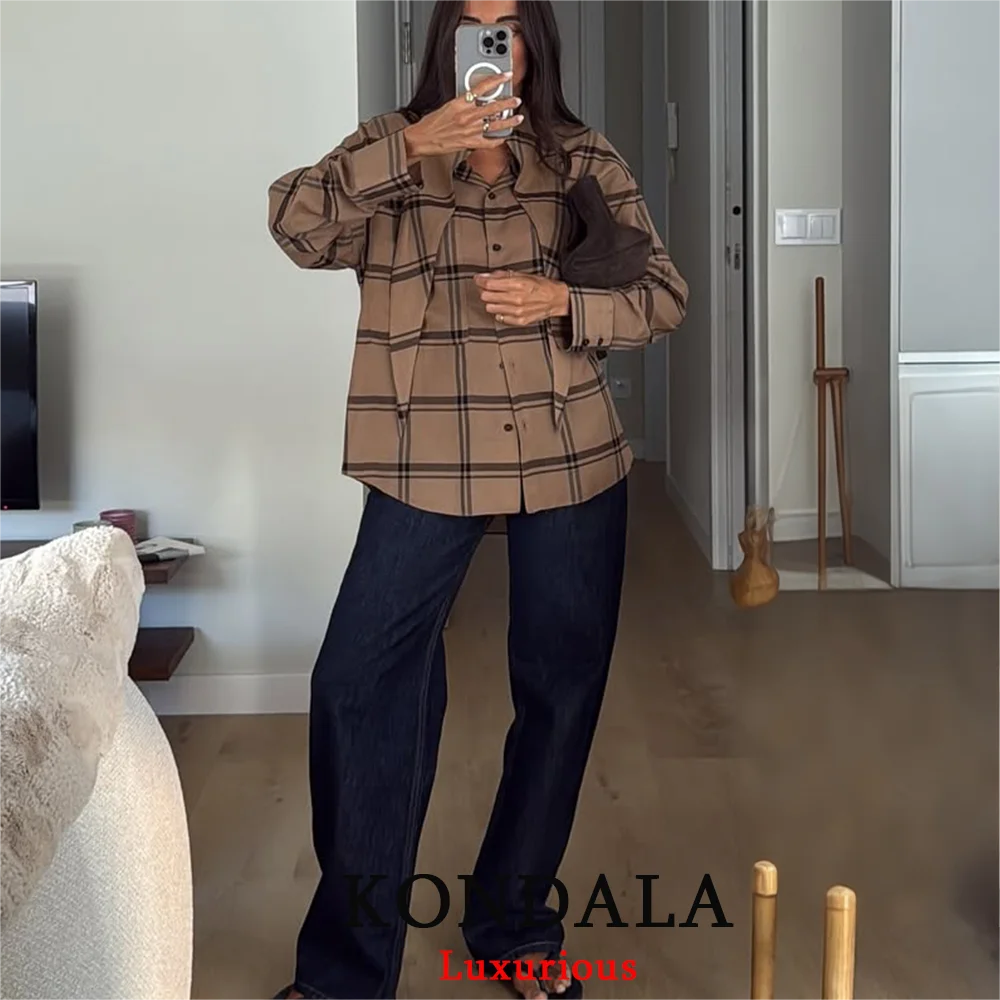 

KONDALA винтажные шикарные коричневые клетчатые рубашки женские с длинным рукавом и галстуком-бабочкой на пуговицах свободные блузки мода 2025 повседневные элегантные женские топы