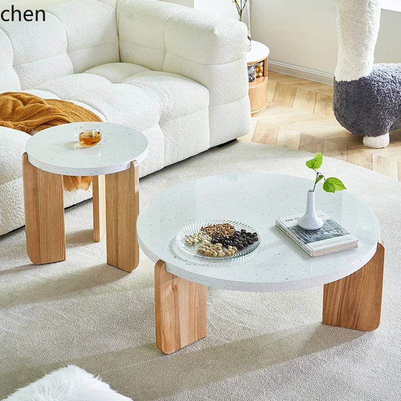 HXL Solid Wood Coffee Table Water-Milled Stone Round Table Round White Wax Wood Furniture