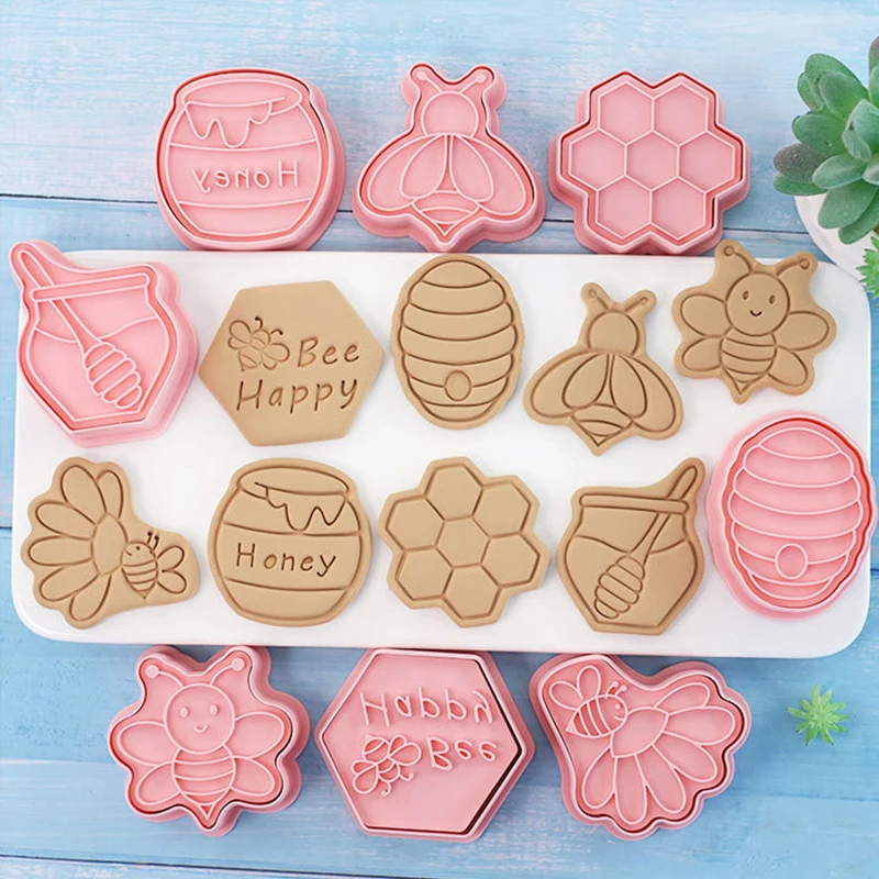 8pcs/set Cartoon Bee Cookie Cutters 3D Bee Honey Biscuit Mold Cookie Stamps Baking Mold DIY Kitchen Baking Tools