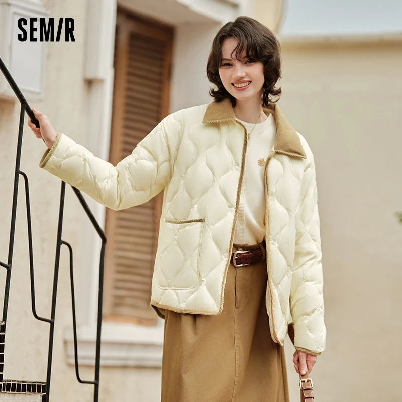 Semir Down Jacket Women Medium Length Light Weight Corduroy Collar 2024 Winter New Vintage Three-Proof Coat