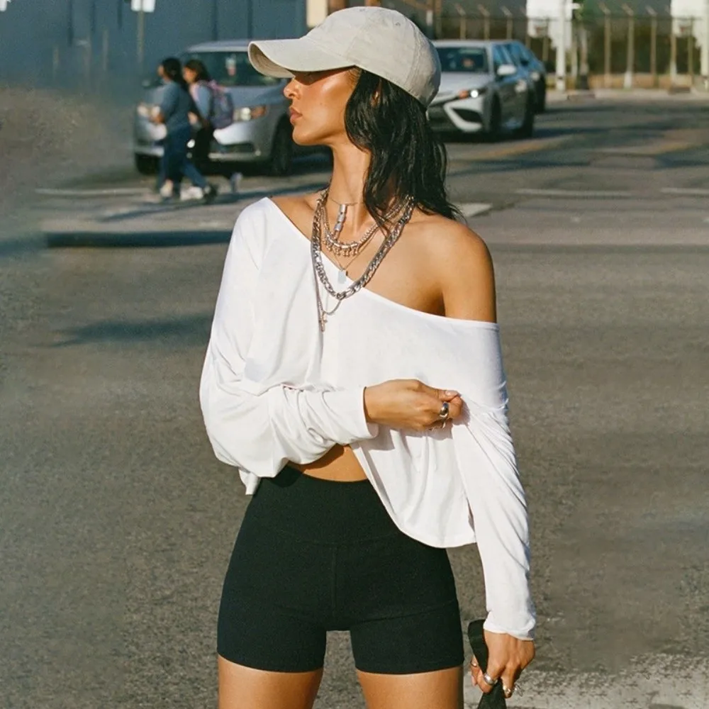 خارج الكتف المحاصيل الأعلى فضفاض تي شيرت طويل الأكمام قميص لون نقي قمة الموضة مثير المتضخم معطف حار الفتيات الشارع الشهير #1