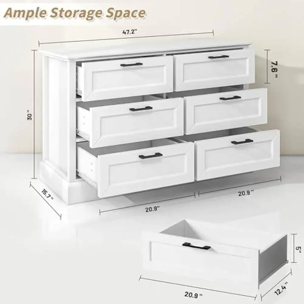 خزانة ملابس بيضاء لغرفة النوم ، 6 أدراج ، خزانة أدراج حديثة مع أدراج عميقة ، خزانة خشبية مزدوجة لتخزين الملابس