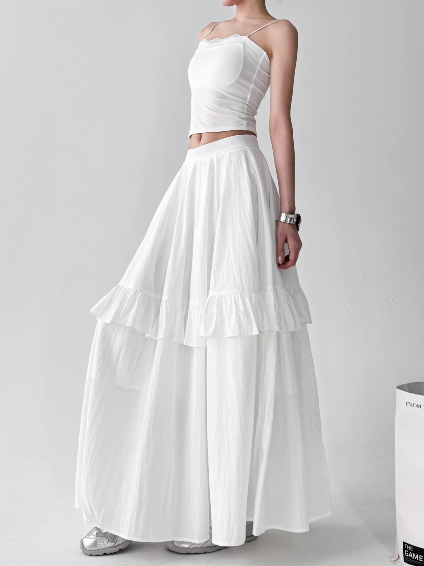 2025年夏新作 レディース ホワイト ハイウエスト スリム カジュアル ルーズ ロングスカート ケーキスカート 通勤 旅行 レジャー 学校