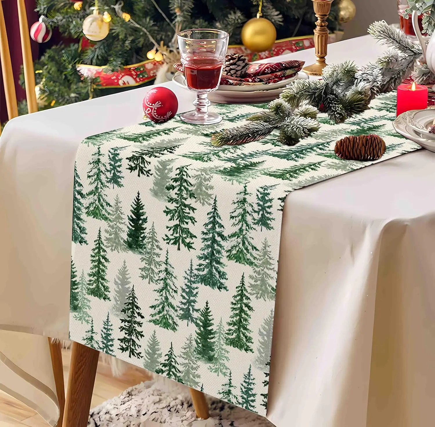 Merry Christmas Green Pine Trees Linen Table Runner Party Decor Winter Holiday Kitchen Dining Table Runner Christmas Decorations