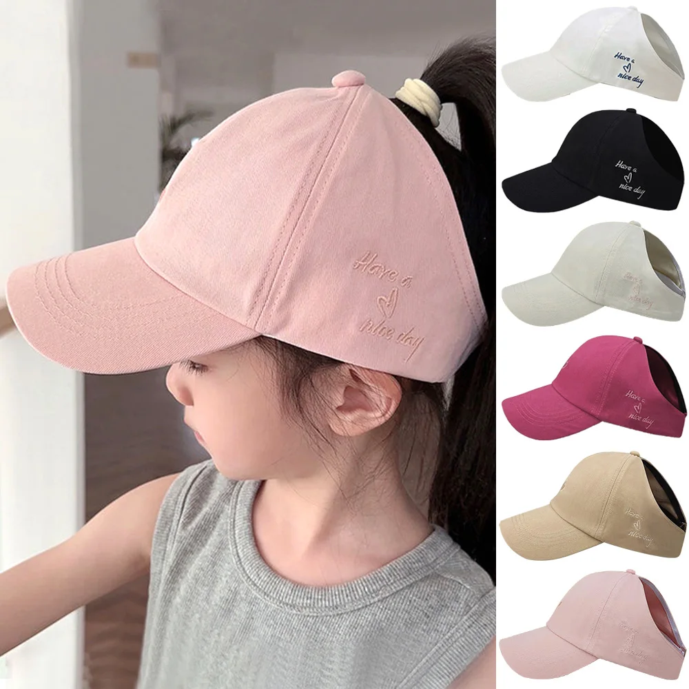 Gorras de béisbol para niños y niñas, sombrero para el sol, corazón de amor, gorra hueca de cola de caballo alta, gorras de béisbol ajustables para niños de 4 a 12 años