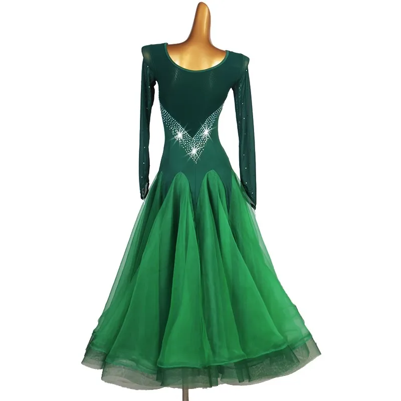 2024 New Green Color Dress Lace Sleeve Women\'s Modern Clothing Tango Waltz Dance Long Dress Elegant Party Competition Costume