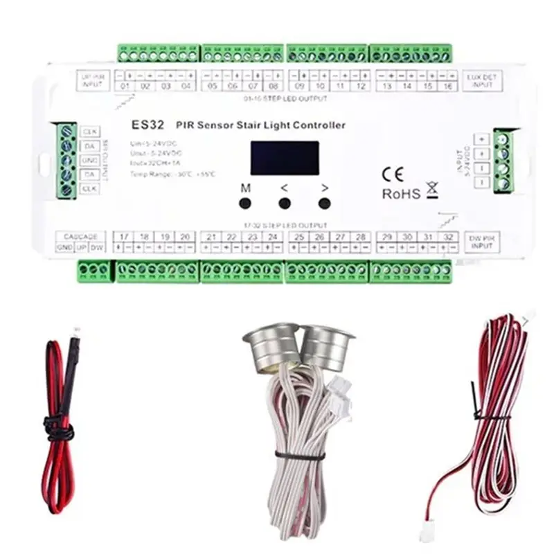 

Контроллер светодиодной ленты ABZW 2CH RGB Pixel SPI для внутреннего освещения лестниц, 32-канальный контроллер лестничного освещения с PIR-датчиком, 5В-24В