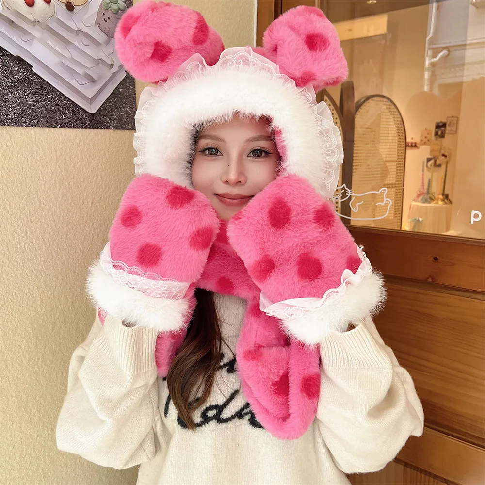 Cute Plush Plush Hat Three-piece Set Windproof Winter Scarf Warm Rabbit Ears Versatile Hat Winter