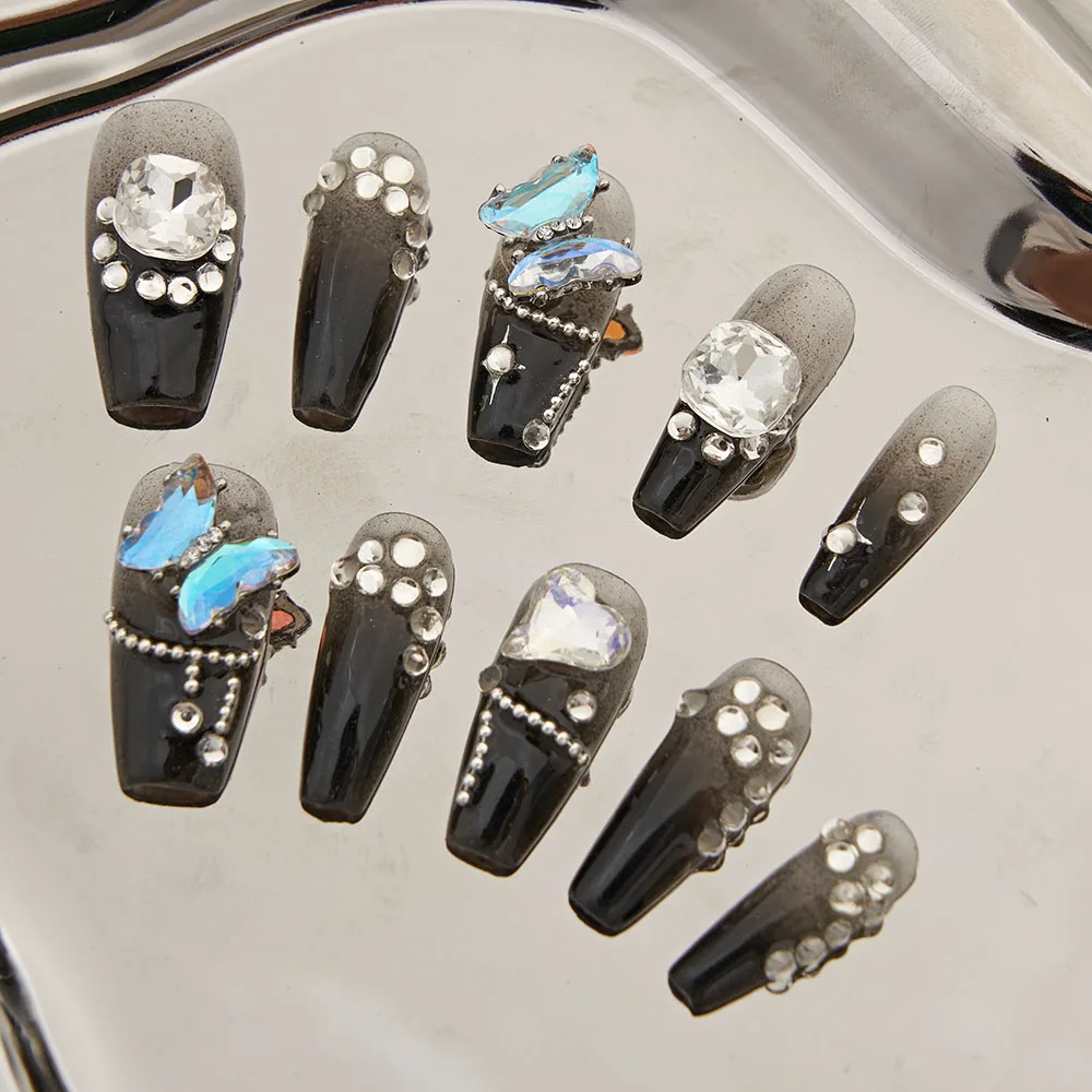 

10pcs Handmade Press on Nails Full Diamond Star 3D Bow Full Coverage Nail Tips for Women&Girl Removable Wearable Nail Art