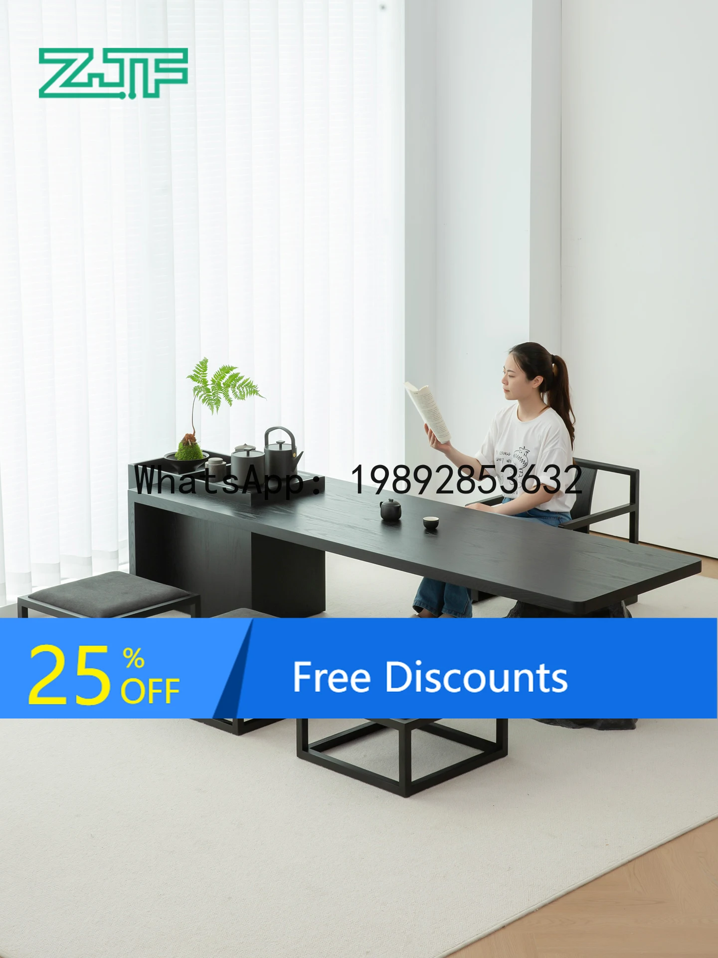 

YFY Tea Room Tatami Tea Table Black Wabi-Sabi Style Japanese Low Table with Integrated Kettle for Brewing Kung Fu Tea