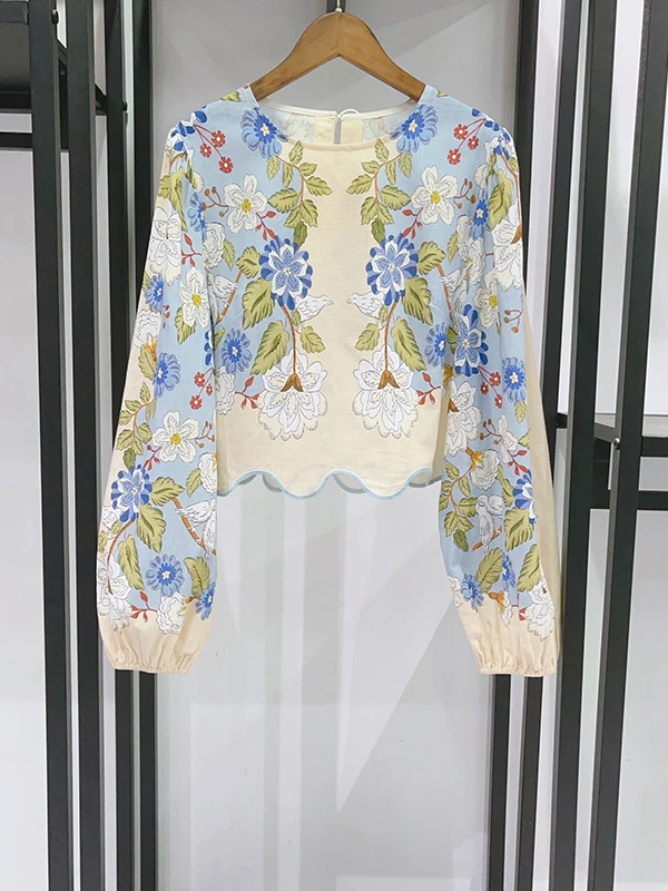 

Spring 2026 Luxury Cuckoo Flower round Neck Wave Mid-Length Women's Set Long Sleeve Fashionable Plant Floral Print Outfit