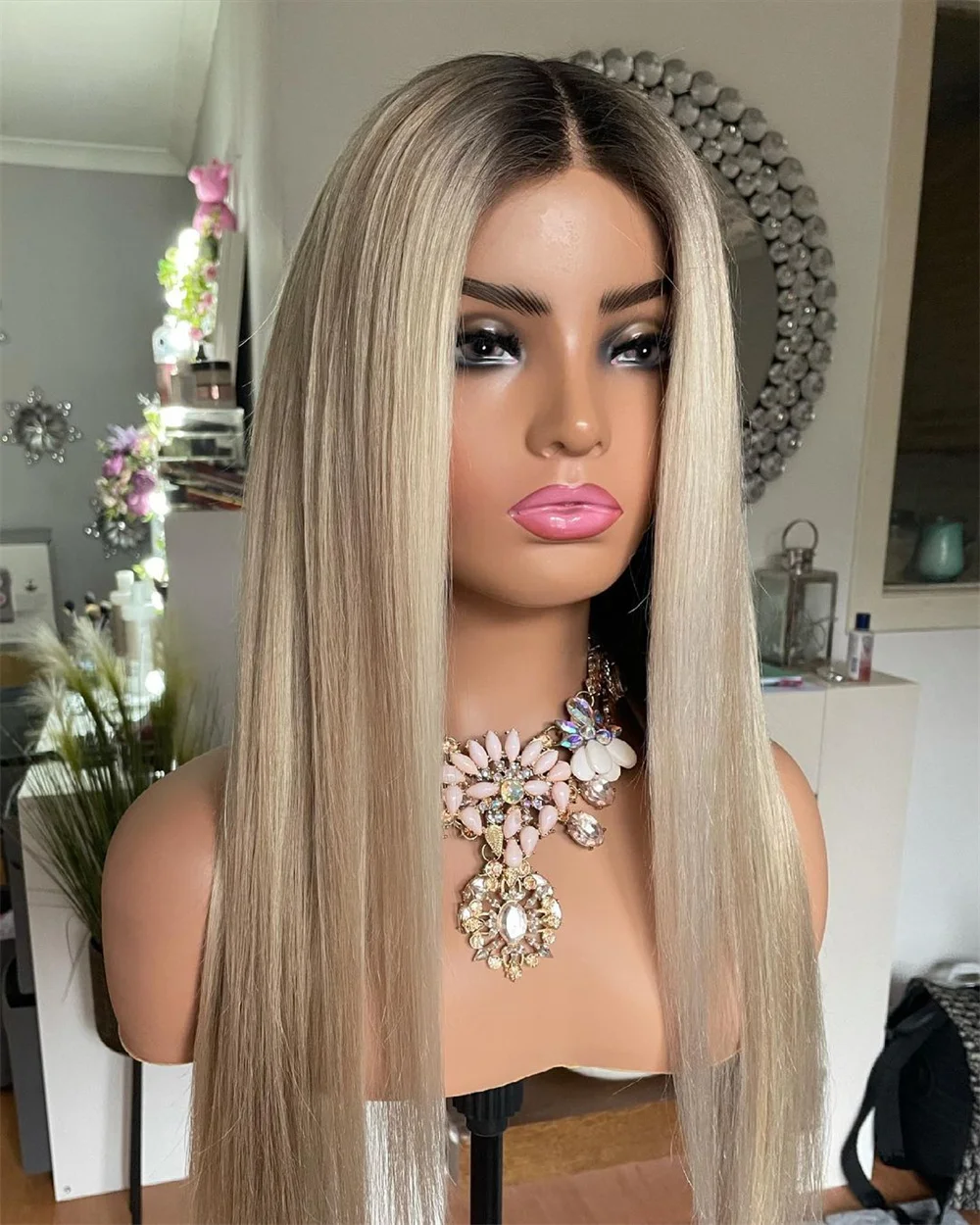 Ombre Creamy Blonde 26'' Lace Front Wig Heat Resistant Fibre Balayage Wig Ash Rooted Synthetic Long Straight Wig Easy to Wear