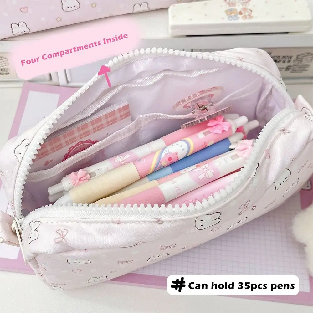 Durable Bowknot Rabbit Pen Bag Soft Touch Multi-functional Pencil Case Stationery Storage Bag Back To School