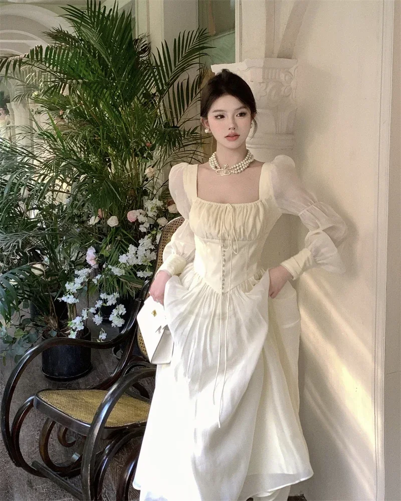 

Elegant Princess Party Dress Women High Waist A-line Lace-Up Autumn Spring French Vintage Prom Robe One Piece Vestidos Mujer