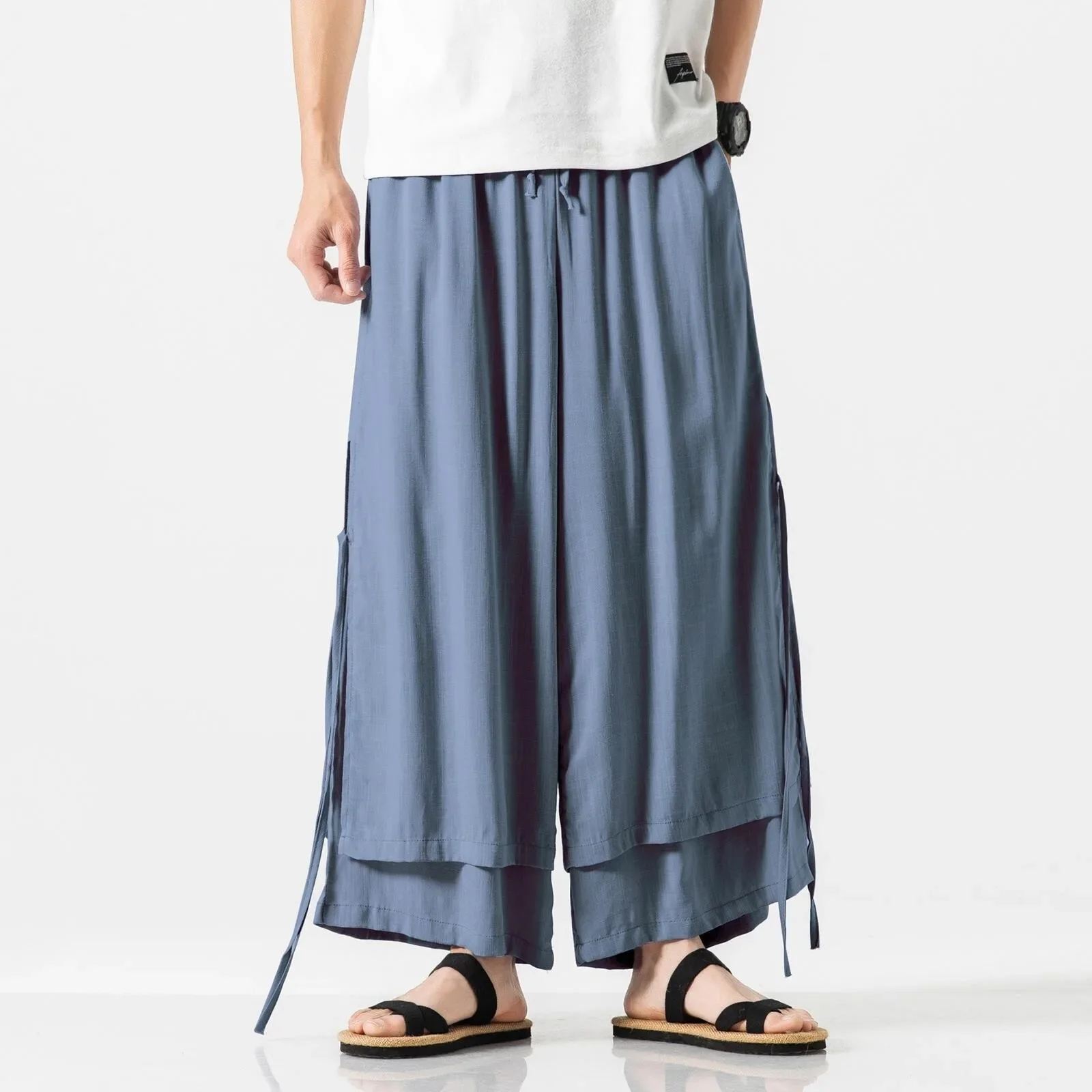 2025 Men Loose Straight Cotton Linen Wide Leg Pants Men Women Chinese Style Pants Double Layer Draping Hanfu Skirt Trousers