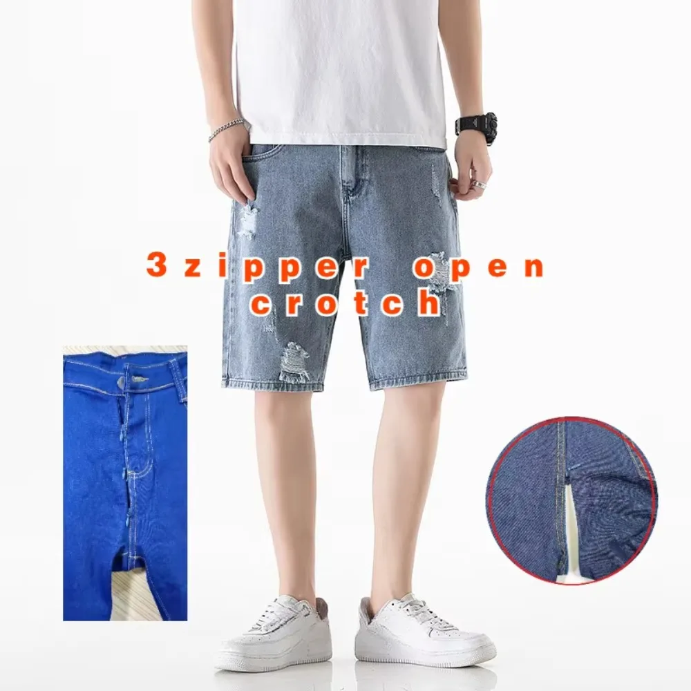 

Summer Thin Denim Open Cut Shorts for Men's Trendy Brand with Holes in The Five Point Middle Pants, Loose and Straight Casual