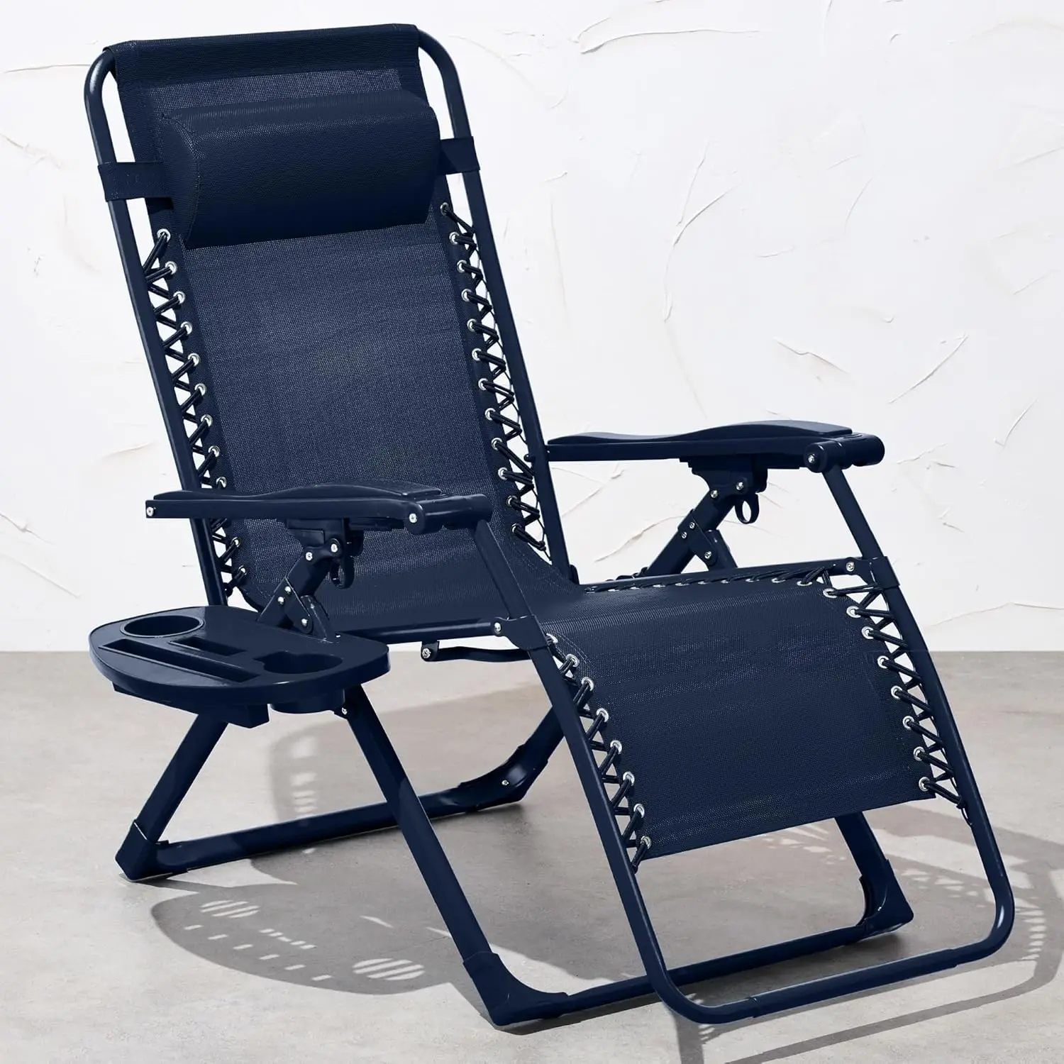 Silla ajustable de gravedad cero, sillón reclinable plegable para patio de color monocromático con bandeja lateral, reposacabezas - Azul marino