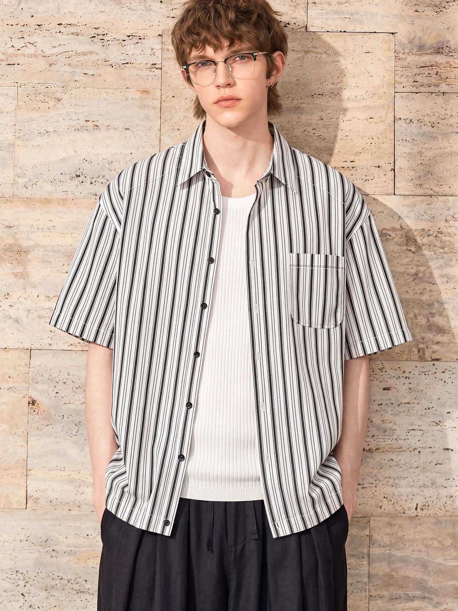 Mr. Twenty-eight Retro Hong Kong Style Striped Short Sleeve Men's Summer Loose Breathable Thin Shirt Upper Coat