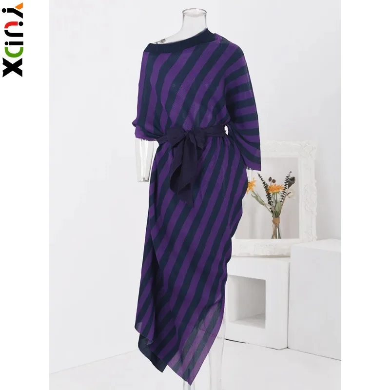 

YUDX Miyake Striped Irregular Women's Pleated Dress Contrast Color Belt Gathered Waist Fashion Dresses 2024 New Clothing