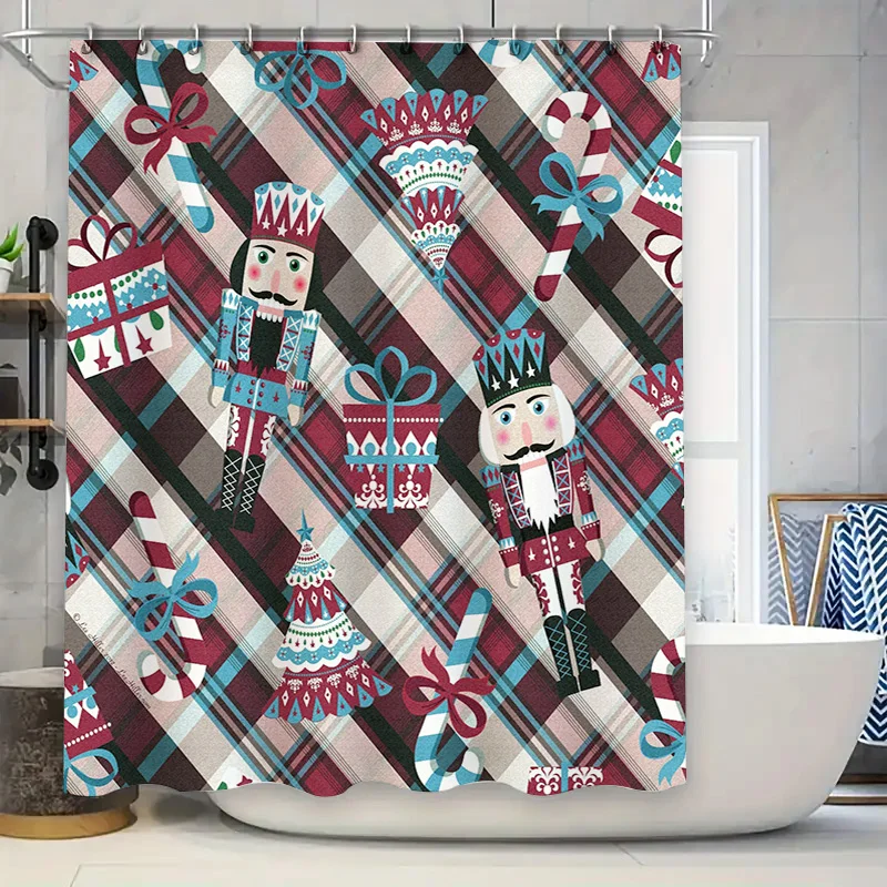 Plad Christmas Shower Curtain with Nutcracker and Candy Cane, Red Black Buffalo Check Pattern for Fun Festive Bathroom
