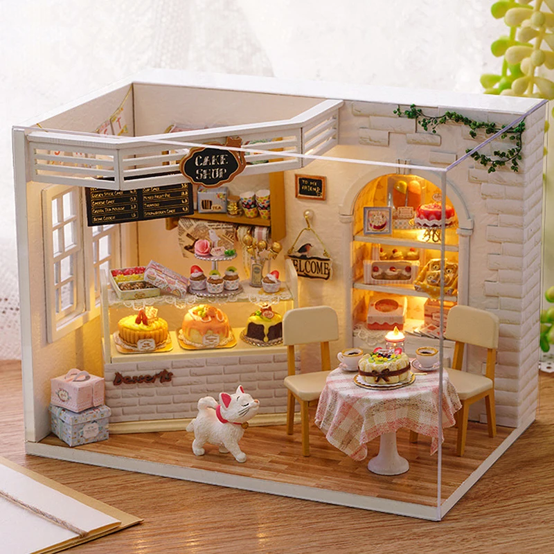 Kitten Mini Doll House Model Building Assembled House Home Kit Creative Room Bedroom Decoration with Furniture Birthday Gifts