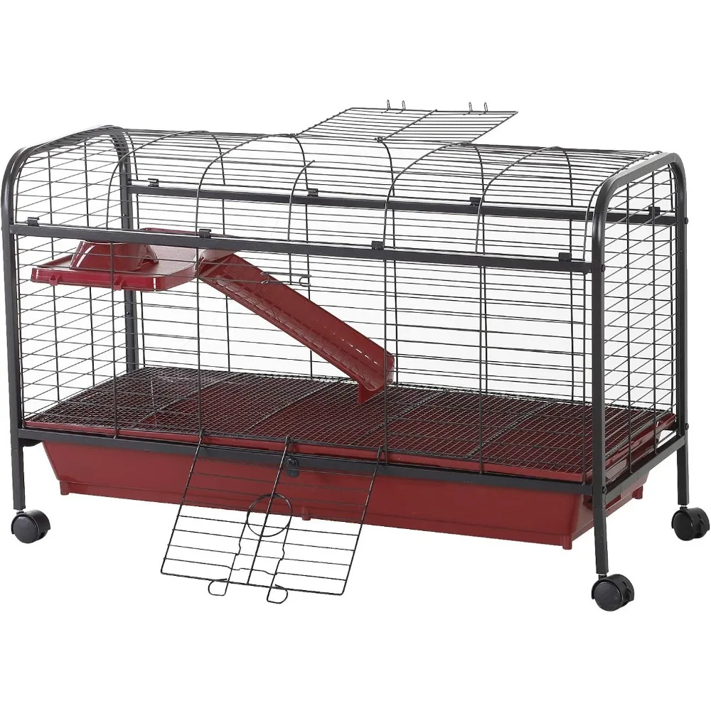 

41" L Small Animal Cage Rabbit Hutch Ferret Pet Play House with Feeder, Rolling Wheels, Platform, Ramp
