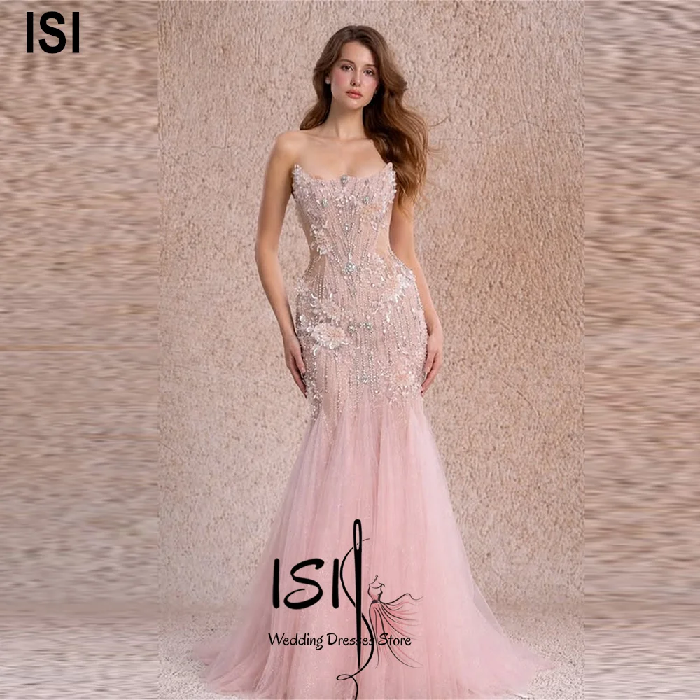 ISI Bezaubernde rosa Abendkleider mit herzförmigem Kragen, Applikationen, Perlenstickerei, Meerjungfrau-Stil, formelle Partykleider ﻿ Maßgeschneiderte Festkleider ﻿