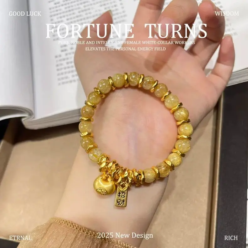 24k Real Gold Plated S925 Silver Natural Rutilated Quartz Citrine Beaded Bracelet Chinese Style Fu Bag Lucky Fortune Blessing