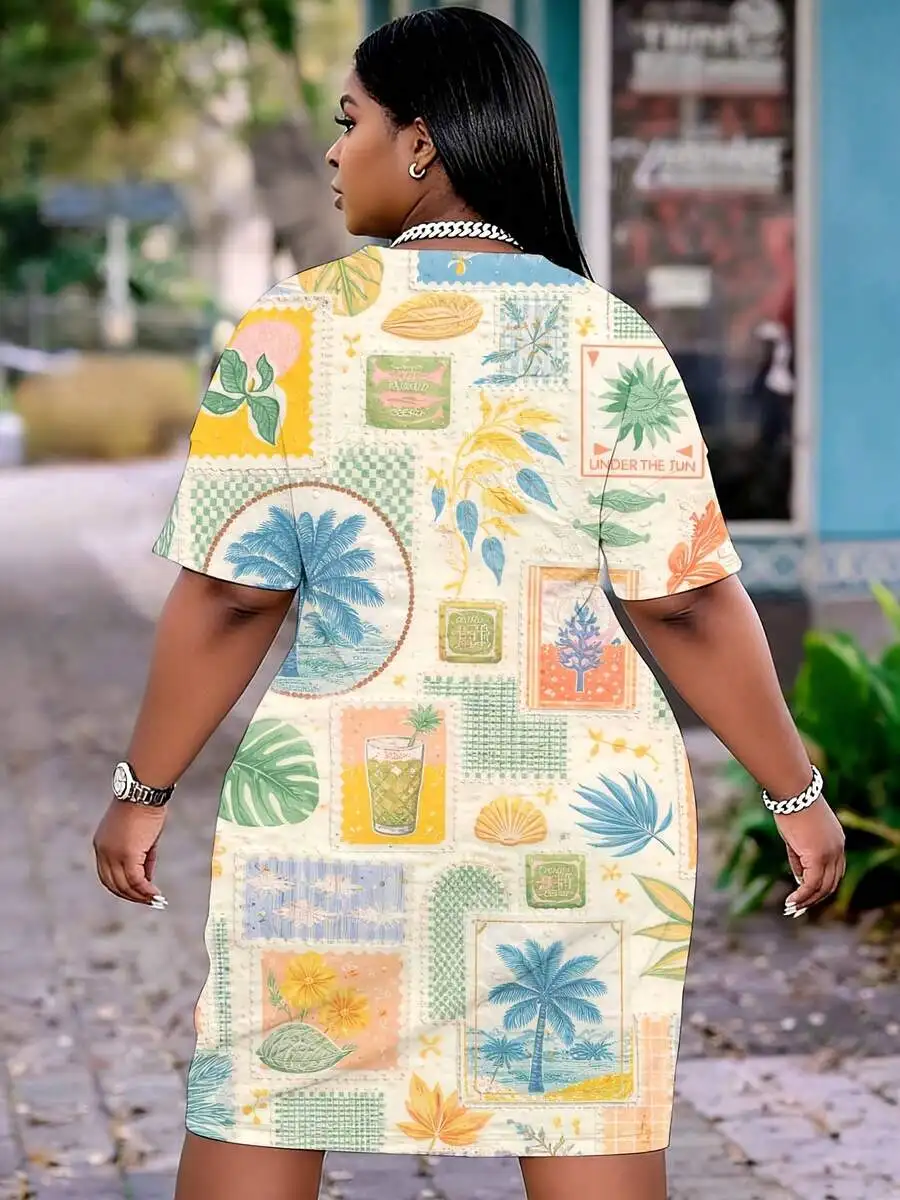 

Casual V-Neck Short Sleeve Shift Dress With Pockets, Tropical Palm Leaf And Botanical Patchwork Print For Summer Wear