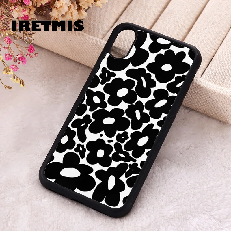 Iretmis Phone Cover Case For iPhone X XS Max XR 11 12 13 PRO MINI 14 15 16 Plus Rubber Silicone 60s 70s Hippie Flowers Black