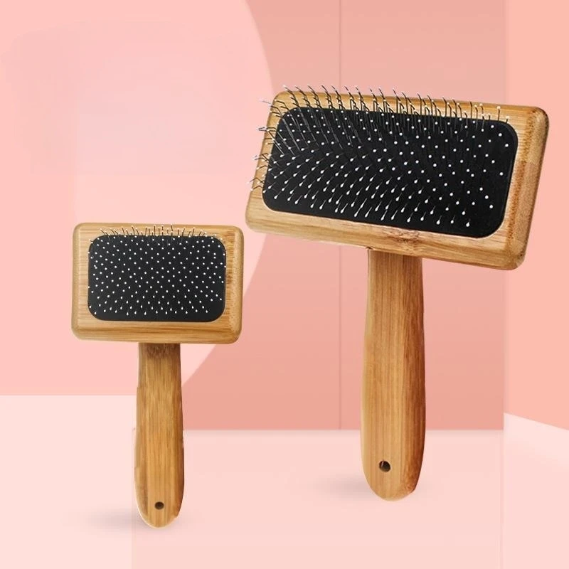 Natural Bamboo Handle Comb Stainless Steel Hair Brush Dogs Cats Pets Accessories Tools Open Knit Puppy Combs Durable Dense