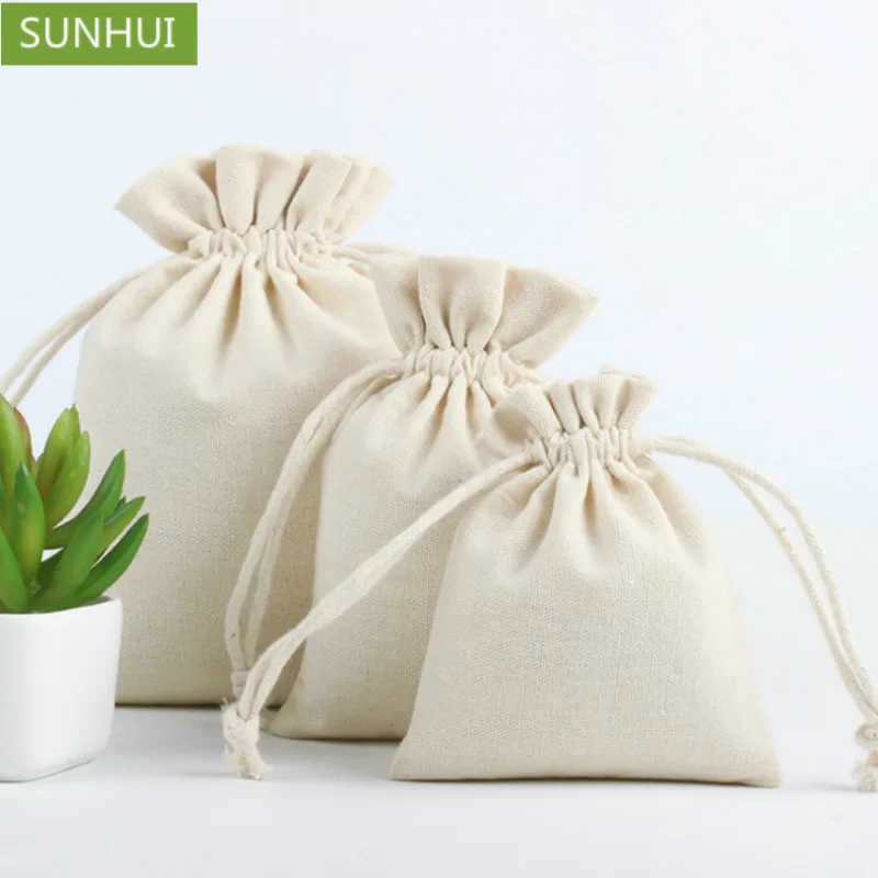 50PCS Linen Gift Bags Natural Cotton Jute Drawstring Pouch Packaging Jewelry Makeup Candy Reusable Sachet Sack Print Logo Custom